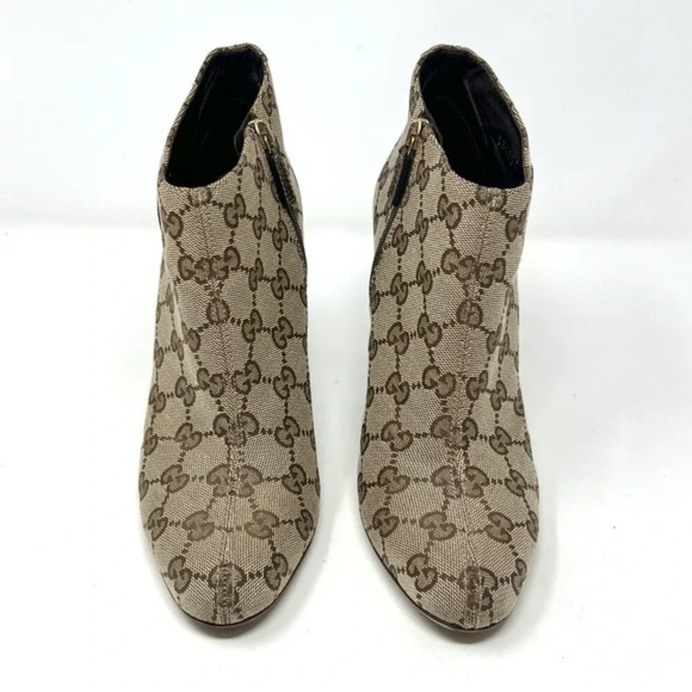 Gucci GG Monogram Ankle Boots Brown Canvas Heeled Booties 7 Y2K‎